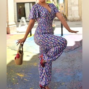 Dolly & Dotty Purple Cats Print Charlotte Jumpsuit